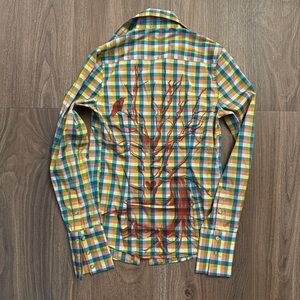 Nuvula Multicolor Checkered graphic back "deer" button-down top size small